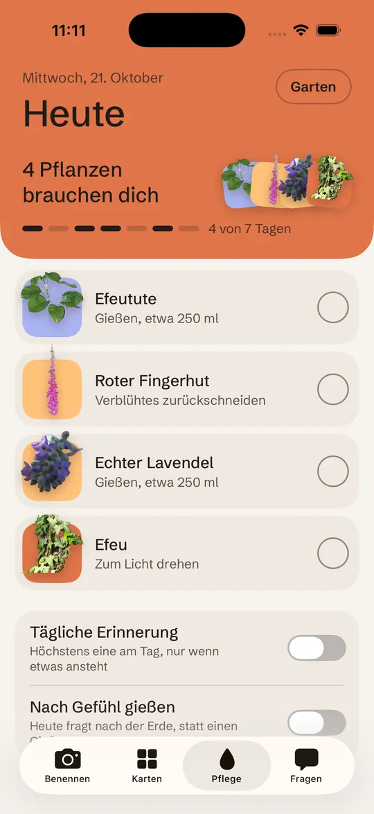 Der Heute-Bildschirm mit vier Pflanzen, die Pflege brauchen