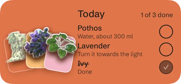 Medium widget: three plants with Done buttons